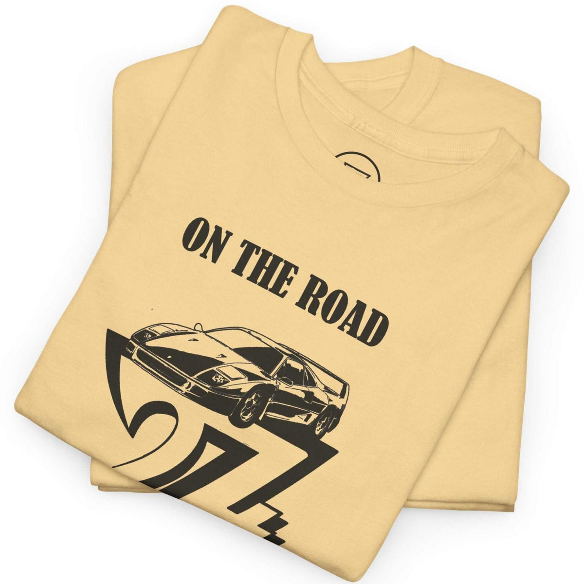 Neatly folded yellow haze retro auto enthusiast apparel highlighting the crisp black digital front print and durable fabric, laid flat.