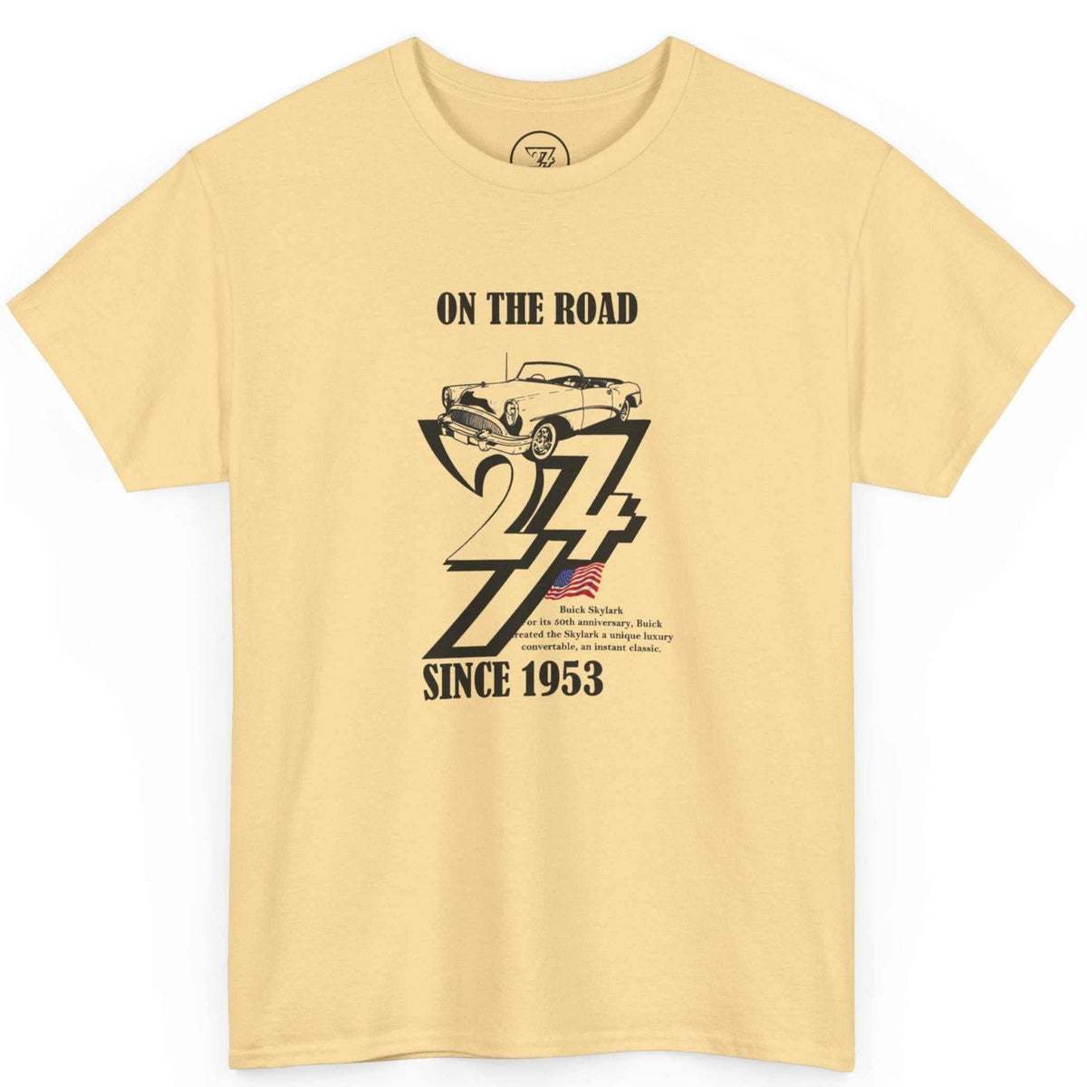 Front view of a yellow haze vintage American auto shirt featuring the black Skylark illustration, laid flat.