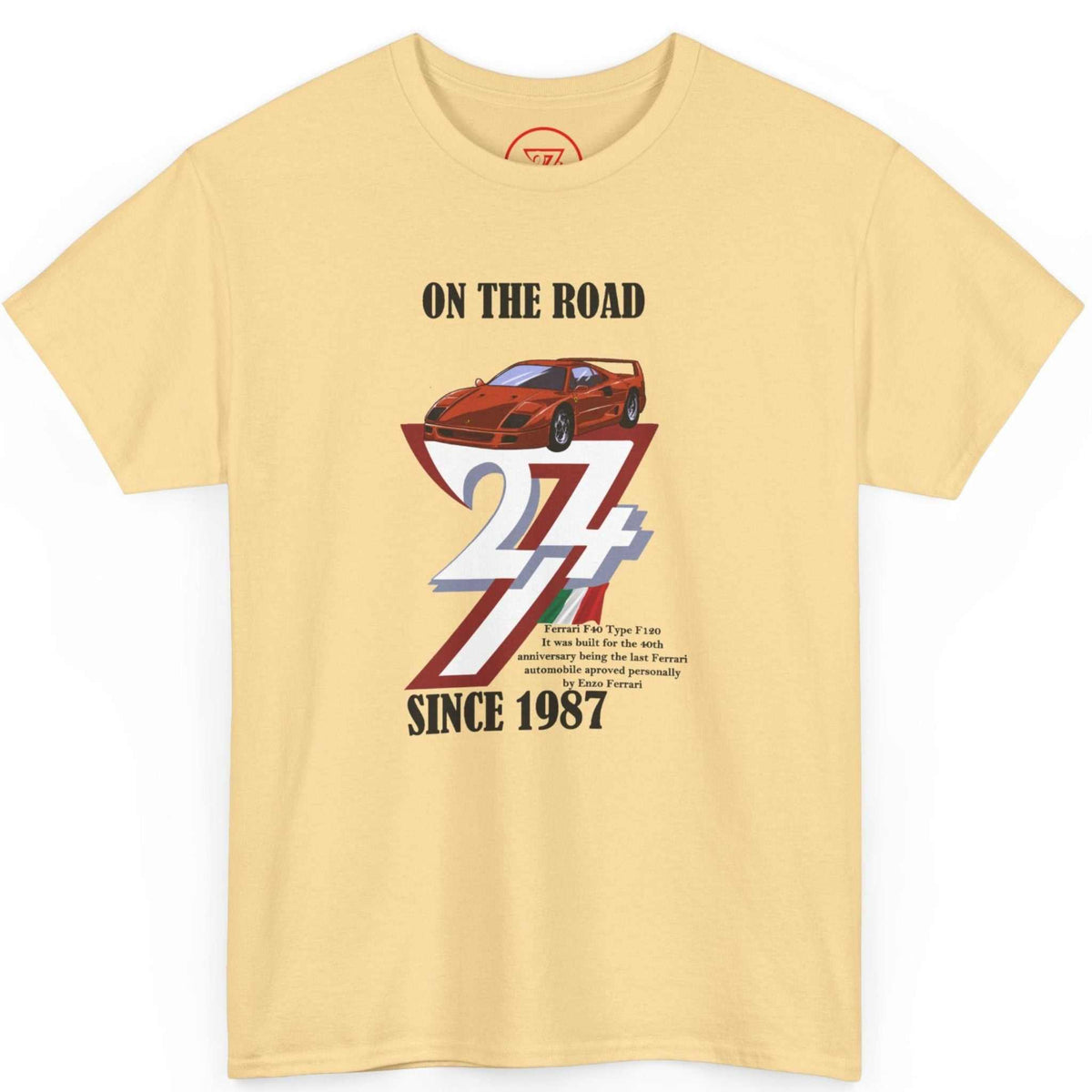 Front view of a yellow haze vintage Italian sports car shirt featuring the full-color F40 illustration, laid flat.