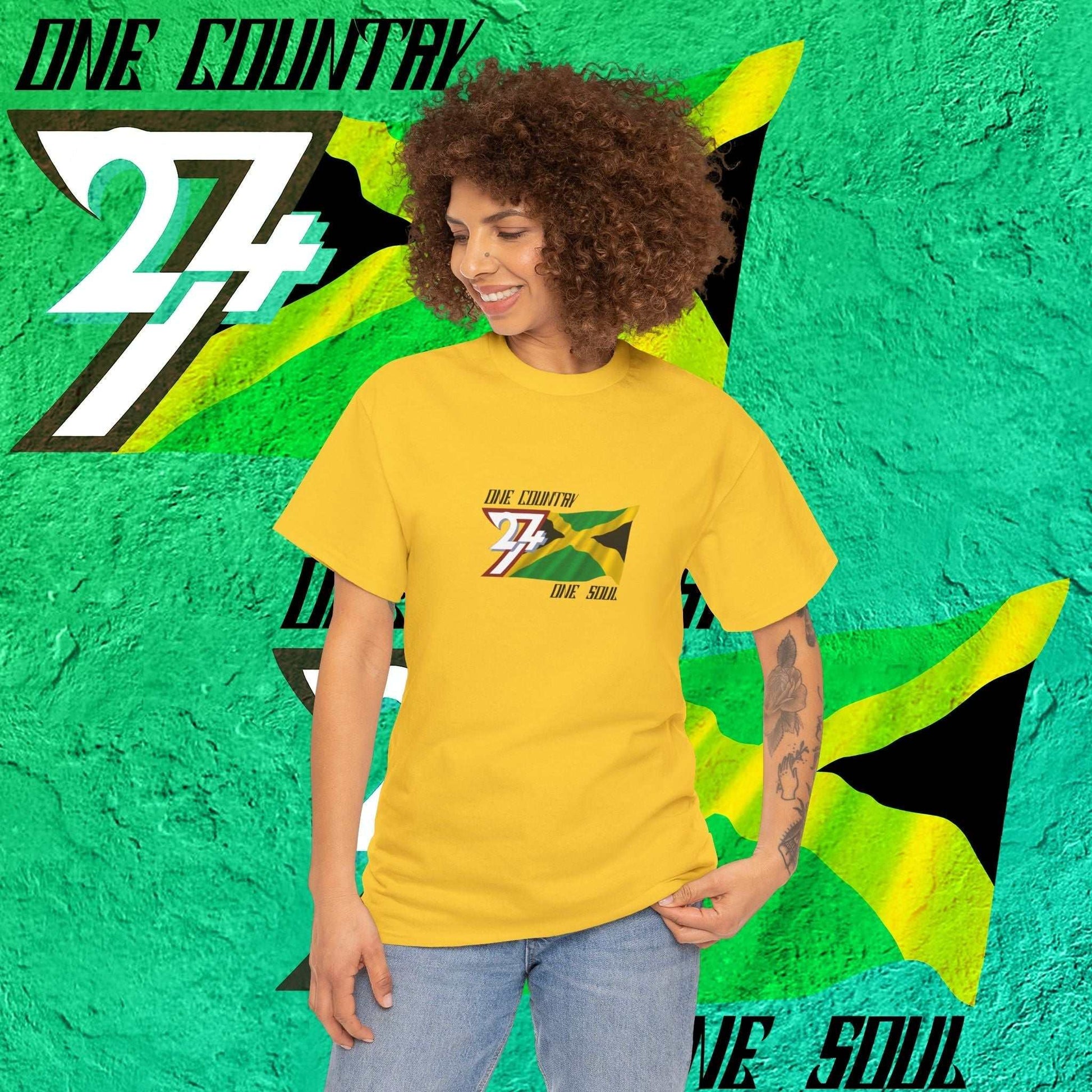 Female model wearing the yellow Jamaica "Livity" edition tee, showing a comfortable streetwear fit.
