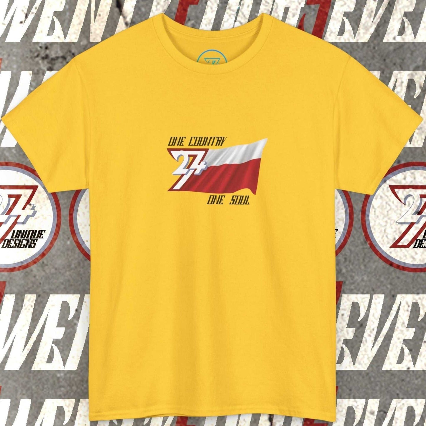 Front view of a yellow graphic t-shirt featuring a digitally hand-drawn Poland flag design.