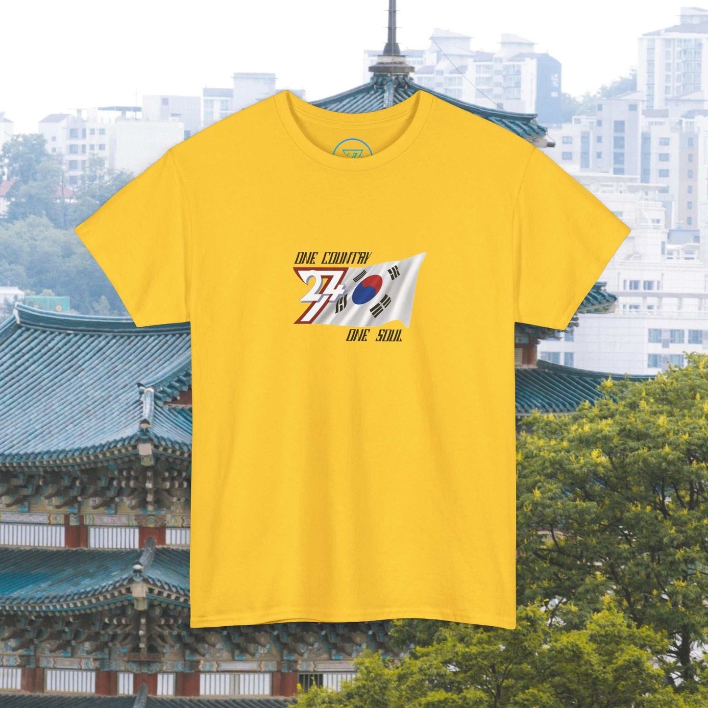 Yellow South Korea Flag Graphic Tee with hand-drawn Taegeukgi design and artistic streetwear style