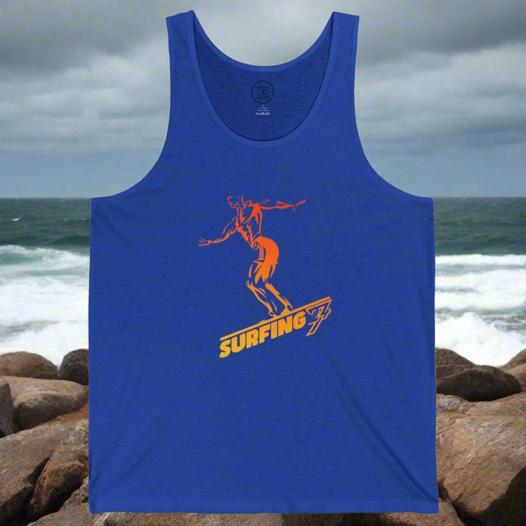 Blue Surfing Tank Top in yellow with red-to-blue gradient surfer silhouette.